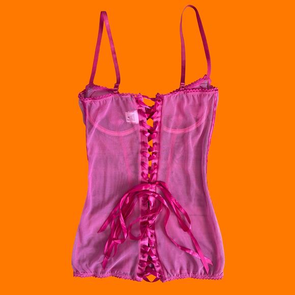 90's 00's vintage hot pink mesh mcbling corset babydoll y2k lingerie bustier L - Picture 6 of 9